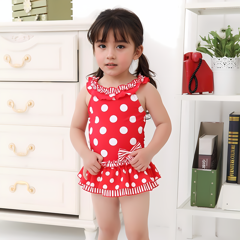 红色圆点儿童游泳衣裤女童中大童小公主连体防晒速干泡温泉泳装