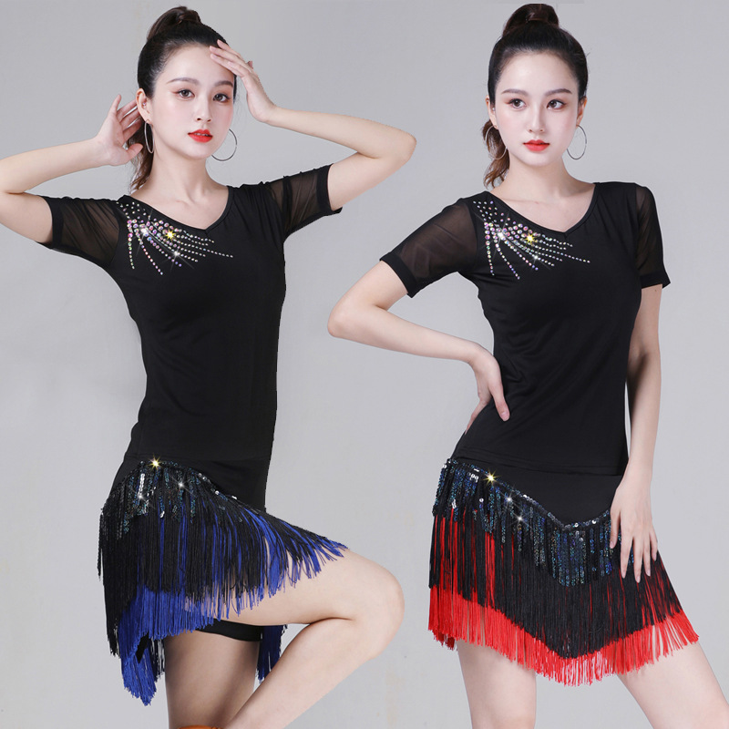 新款拉丁舞服装成人练功服三步踩流苏半身裙套装演出服广场舞舞