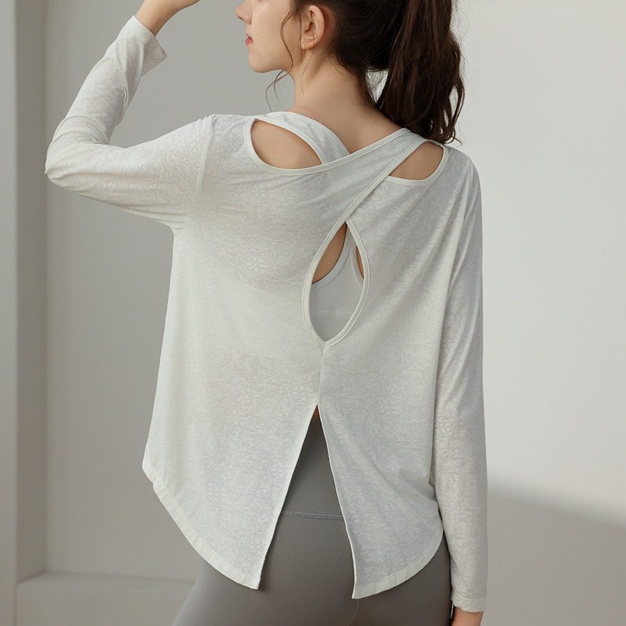 锦纶翡翠提花长袖美背瑜伽服上衣女 宽松罩衫秋冬运动健身感