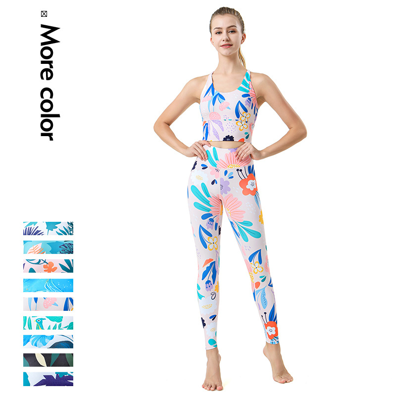 东南亚新款瑜伽服套装速干无袖运动背心印花瑜伽裤女修身健身服