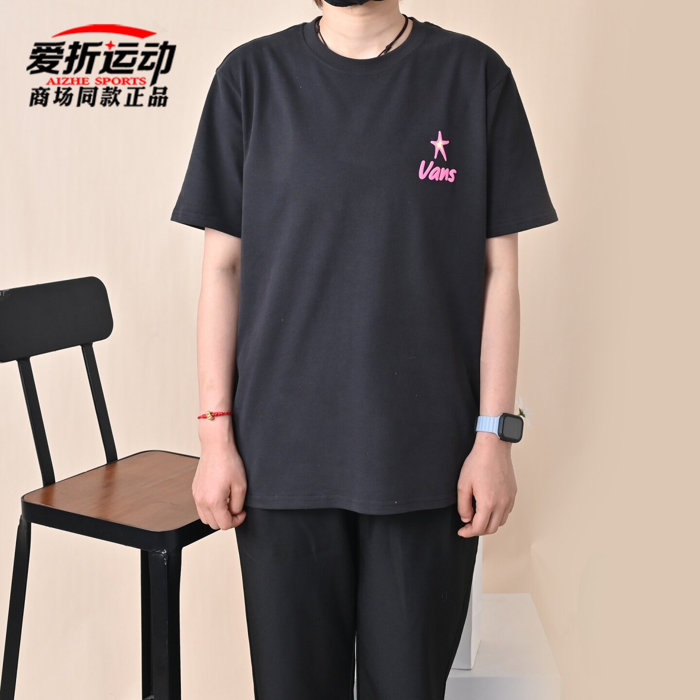 VANS范斯夏季新款女子圆领黑色短袖猫咪印花休闲T恤衫VN000TN0BLK