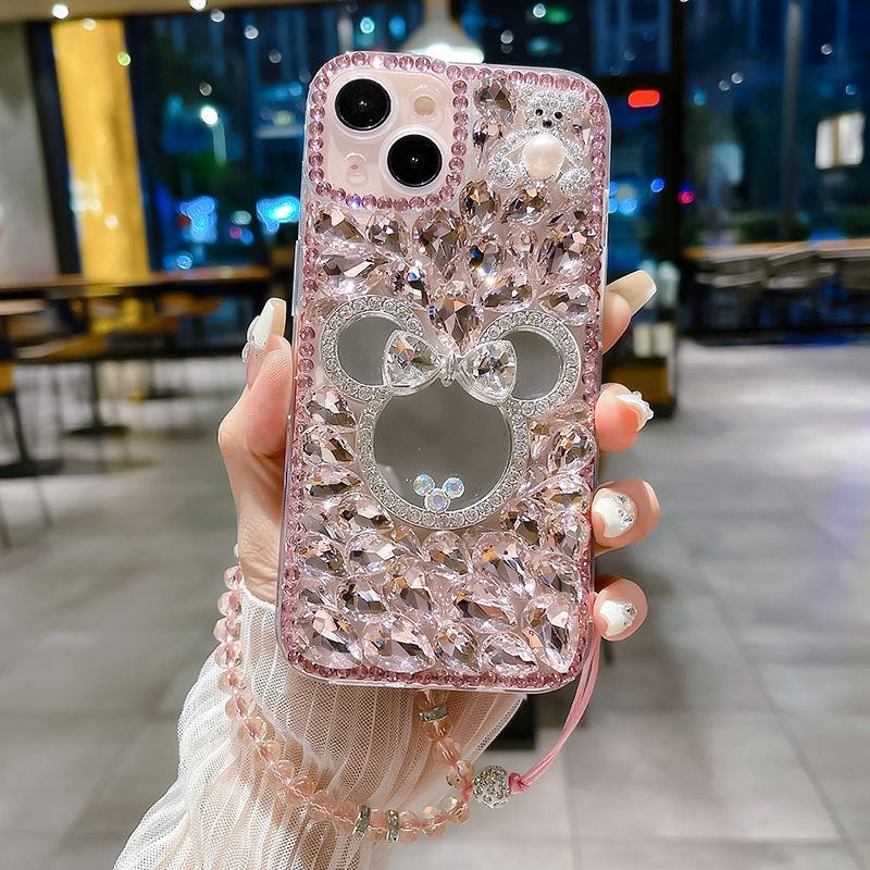 化妆米妮镜子适用于苹果15promax壳14pro奢华水钻iphone13时尚12个性12pro全包防摔11plus手链新款潮牌xr保护