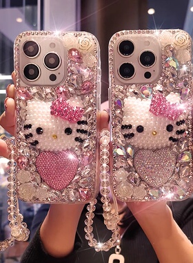 爆闪满钻卡通可爱KT猫适用苹果16promax手机壳新款 iPhone15外壳带挂绳女士14高级感创意全包防摔13Pro保护套