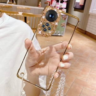 适用于华为p50手机壳P60女款P70pro曲面屏Pura70全包镜头镶钻带挂绳p40个性创意透明无边框p40pro+网红新款