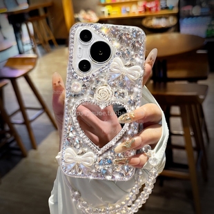 满钻爱心镜子适用华为Pura80pro透明手机壳p60软外套防摔P50pro+带挂绳Pura70Ultra女新款p30高档p40潮