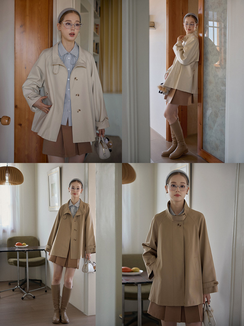 Beige women’s coat worn in multiple outfit photos