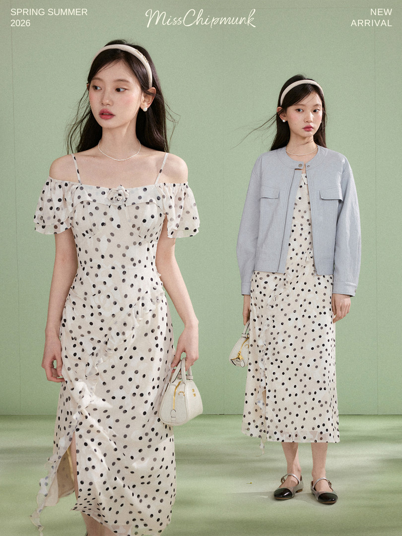 Polka dot off-shoulder dress modeled with a matching jacket