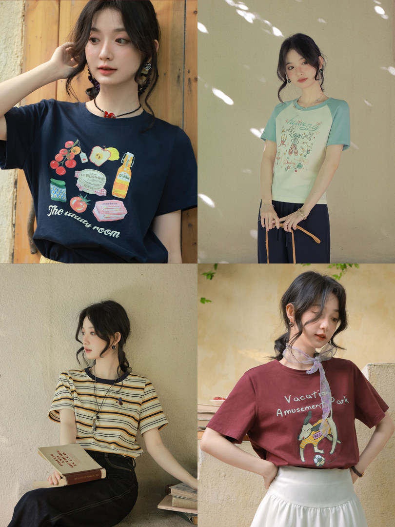 Collage of models wearing graphic T-shirts in different colors and styles