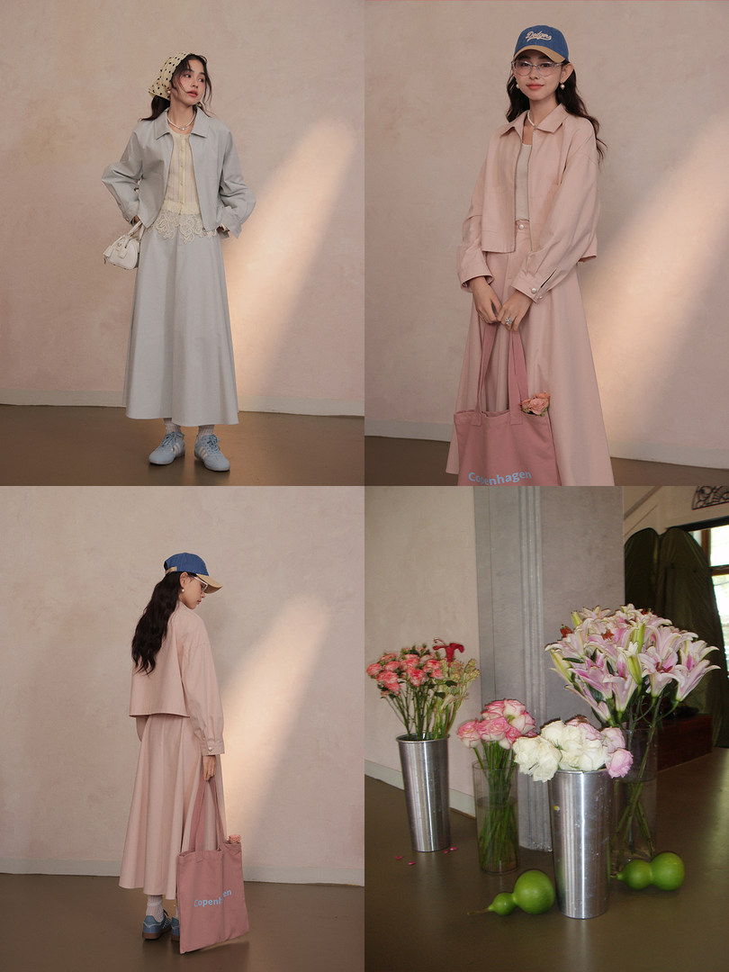 Model photos showing pastel skirt-and-jacket outfits in gray and pink