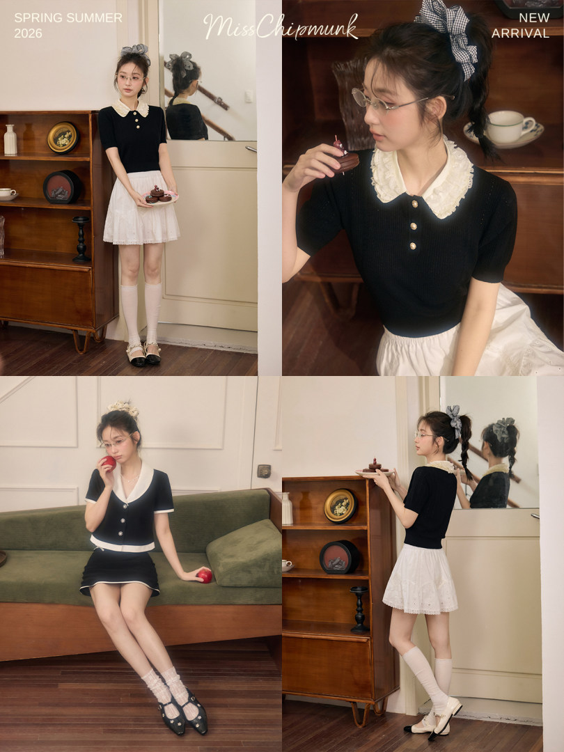 Black and white preppy outfit set worn by a female model in multiple poses