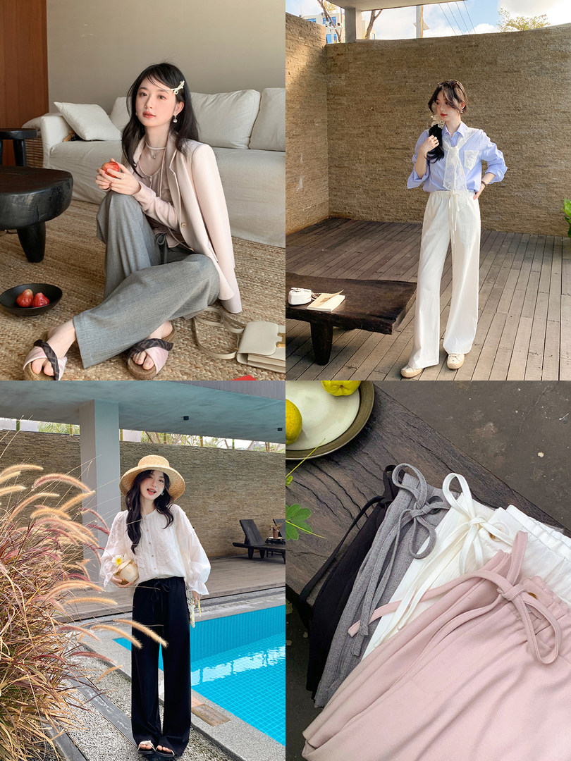 Collage showing wide-leg trousers worn on models and laid flat in multiple colors
