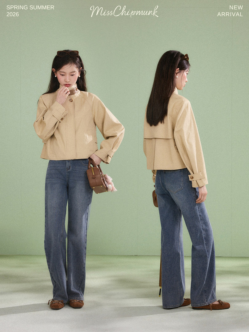 Model wearing a beige cropped jacket with blue jeans, shown front and back