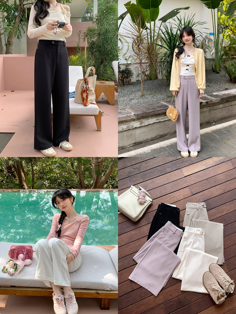 Collage of wide-leg pants styled on models and laid flat in multiple colors