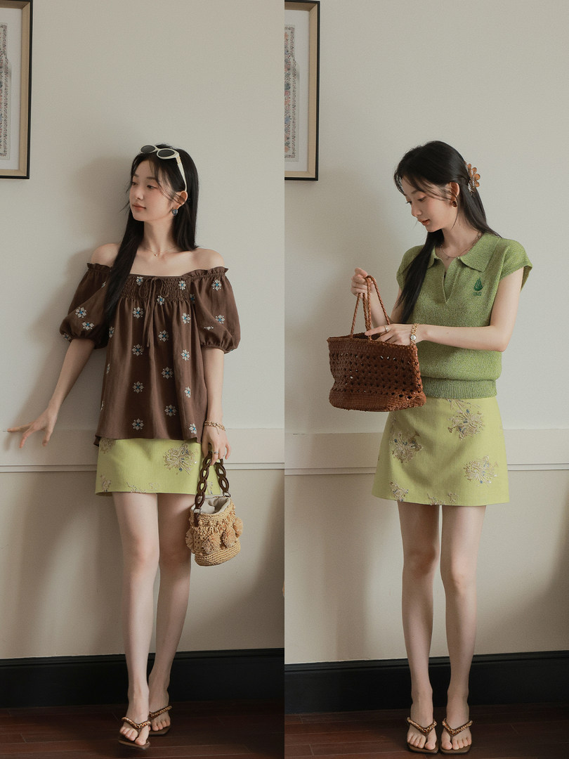 Two women modeling summer outfits with off-shoulder and polo tops, mini skirts, and woven handbags