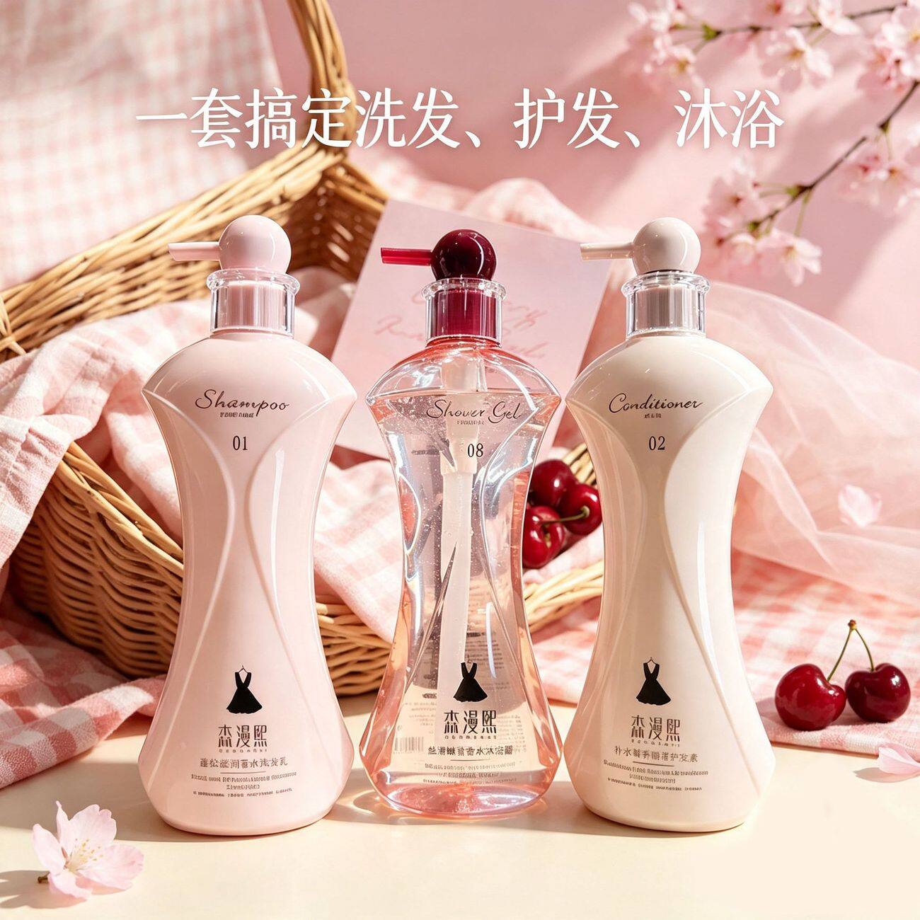 森漫熙小黑裙护发素洗发水沐浴露套装滋润清洁净澈肌肤三合一