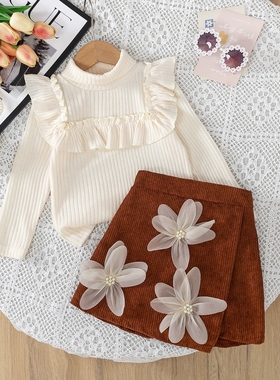 2025春秋季外贸女童新款4-7岁甜美花边上衣立体花朵裙裤两件套装