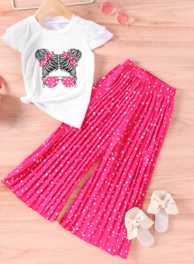 欧美新款夏季女童个性卡通头像印花短袖T恤波点压褶阔腿裤两件套