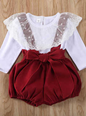 2024春秋装新款儿童长袖T恤婴童花边领女宝宝棉上衣酒红色吊带裤