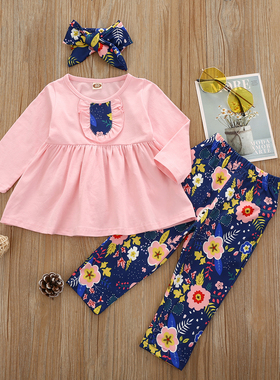 女童套装外贸春秋ins中小童花朵棉印长袖长裤洋气时髦三件套衣服