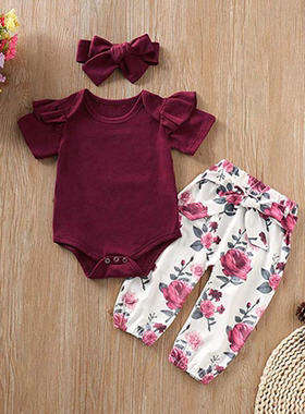 欧美新款eaby速卖通亚马逊爆款女童飞袖酒红色短袖套装碎花裙头巾