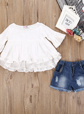 一件代发 ins款女童时尚燕尾连衣裙牛仔短裤两件欧美童装童套装