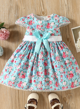 女童夏季公主裙飞袖全棉2023新款儿童小女孩仙女风夏装洋气系带裙