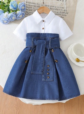 2025夏季新款欧美风女童洋气短袖衬衫连衣裙牛仔拼接气质休闲裙子
