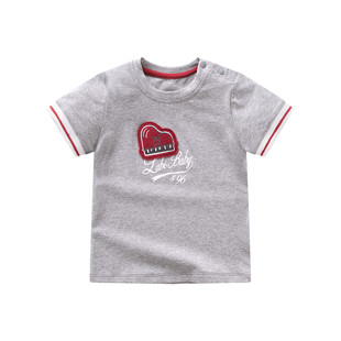 拉比正品男宝宝贴身吸汗圆领T恤衫婴童针织肩开印花短袖上衣夏3折