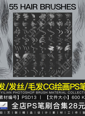 ps头发笔刷手绘人物毛发发丝笔触画笔CG绘画原画设计素材库PSD13