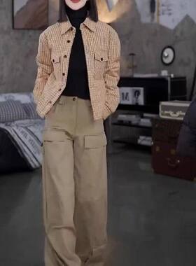 241109大爱美依缘2026新款格纹翻领棉服外套修身打底高腰工装裤女