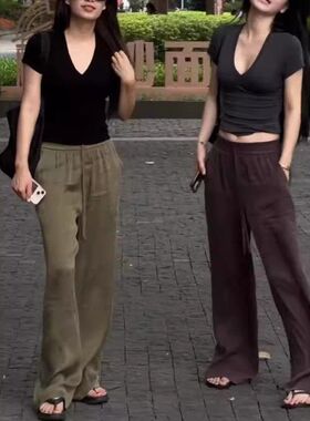 24263大爱美依缘2025夏季新款V领短袖修身T恤休闲直筒裤显瘦女潮