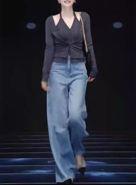 24621大爱美依缘2024早秋新时尚挂脖假两件上衣高腰直筒牛仔裤女