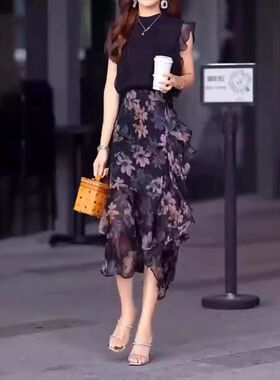 24359大爱美依缘2024夏季新款时尚无袖上衣雪纺碎花半身裙洋气女