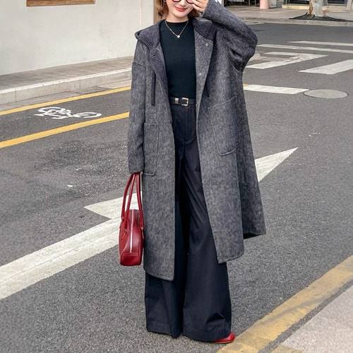 ZY8528大爱美依缘2025秋冬新款高端大气连帽中长款宽松毛呢外套女