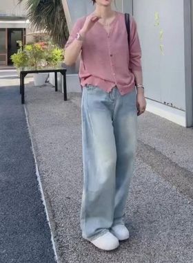 24893大爱美依缘2025秋季新款简约净版宽松外套高腰直筒牛仔裤女