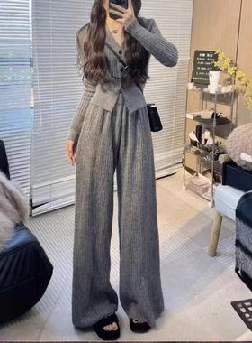 PH50831大爱美依缘2025秋季新款小个子时尚V领上衣阔腿裤两件套女