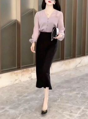 23636大爱美依缘2024秋季新款盐系干练V领衬衫半身裙修身显瘦女装