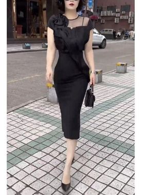 23378大爱美依缘2025夏季新款纯色立体拼接连衣裙修身中长款女裙