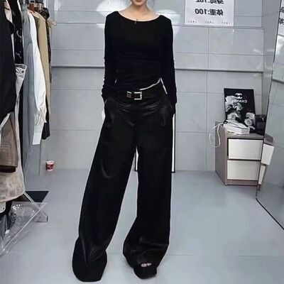 25058大爱美依缘2025春季新款时尚露背长袖T恤高腰宽松阔腿裤洋气