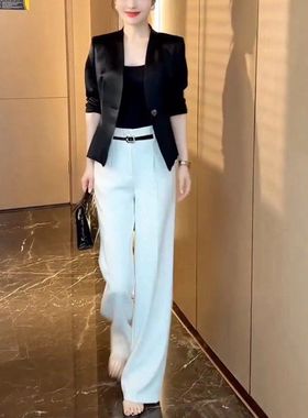 24121大爱美依缘2024春夏新款时尚OL西服干练外套高腰直筒裤女装