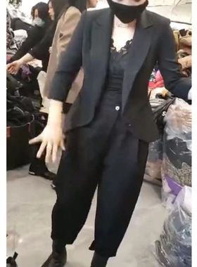 9753大爱美依缘2024春季新款时尚翻领西服外套黑色哈伦裤休闲显瘦