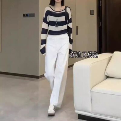 24712大爱美依缘2025新款韩版长袖条纹宽松上衣高腰白色直筒裤女