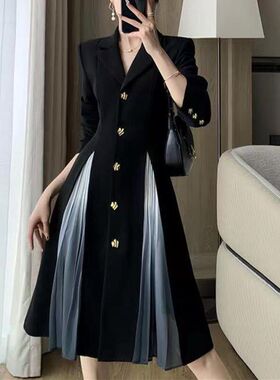 23687大爱美依缘2024秋季新款女神范撞色拼接西装连衣裙显瘦洋气