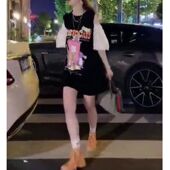 强62大爱美依缘2024夏季 T恤裙女 短袖 新款 宽松圆领露肩黑色中长款