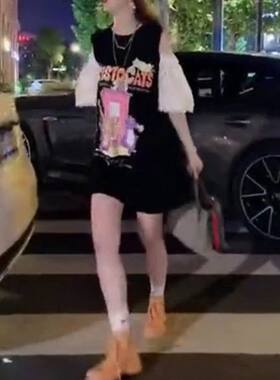 强62大爱美依缘2024夏季新款宽松圆领露肩黑色中长款短袖T恤裙女