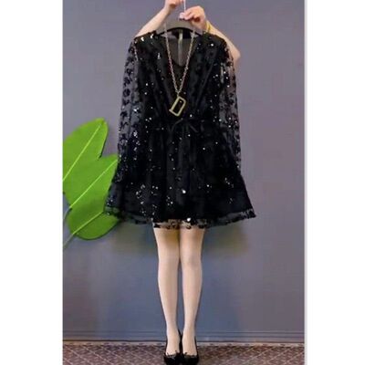 88208大爱美依缘2024早春新款时尚拼纱亮片V领连衣裙显瘦遮肉女裙