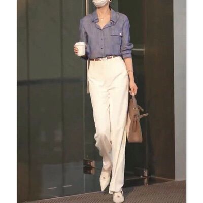88535大爱美依缘2025春夏新款竖条翻领衬衫+高腰直筒阔腿裤显瘦女