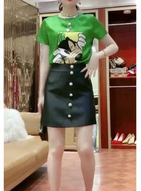9562大爱美依缘2024夏季新款韩版圆领短袖卡通图案高腰半身短裙潮