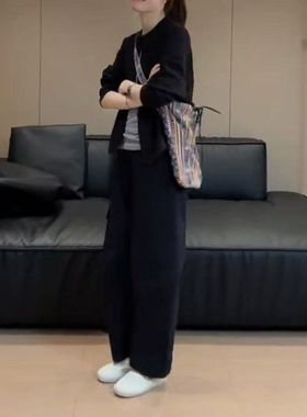 25135大爱美依缘2025春季新款时尚黑色纯色外套休闲直筒裤显瘦女