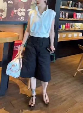 25719大爱美依缘2025夏季新款polo领纯色上衣高腰宽松休闲裤女